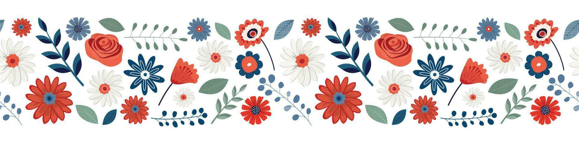 Patriotic floral seamless border. Vector illustration. Isolated on white background. 4th of July themed design holiday banner.