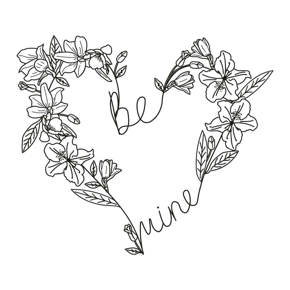 Vector heart with flowers in Doodle style. Symbol of love in the form of a frame with blooming buds and leaves.