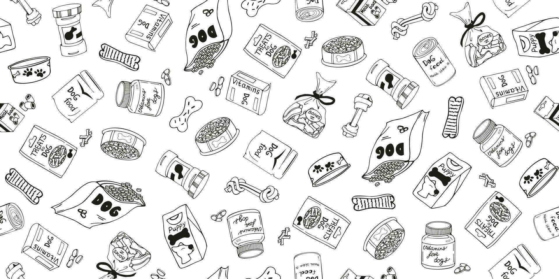 Vector seamless illustration of dog food and vitamins in different packages in doodle style. Dry and wet animal feed.