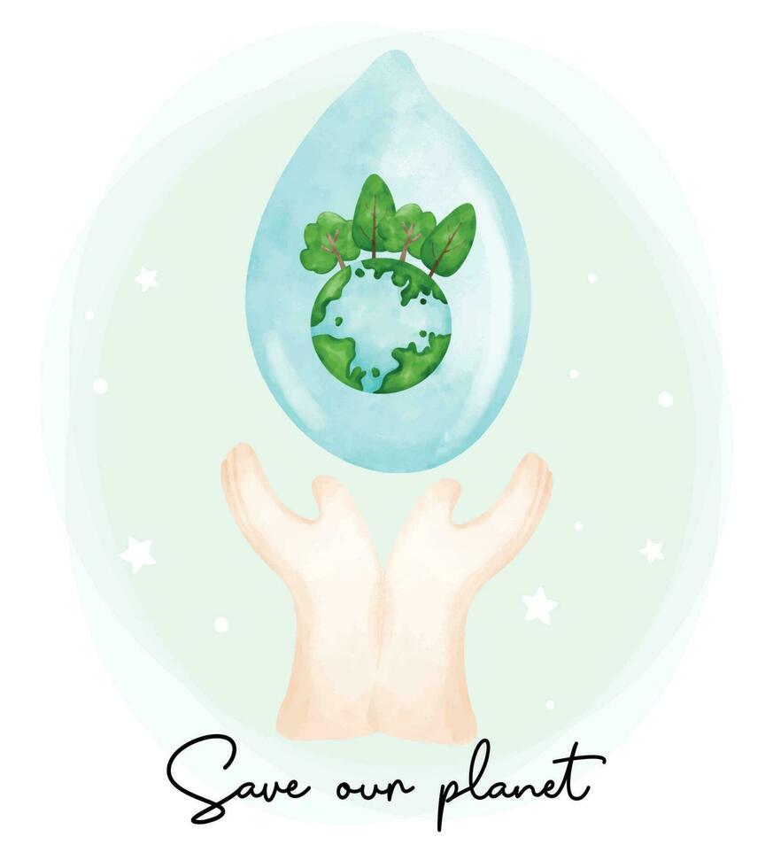 eco medio ambiente simpático salvar nuestra planeta, dos manos participación un agua claro soltar con verdor tierra planeta dentro acuarela cuadro. vector