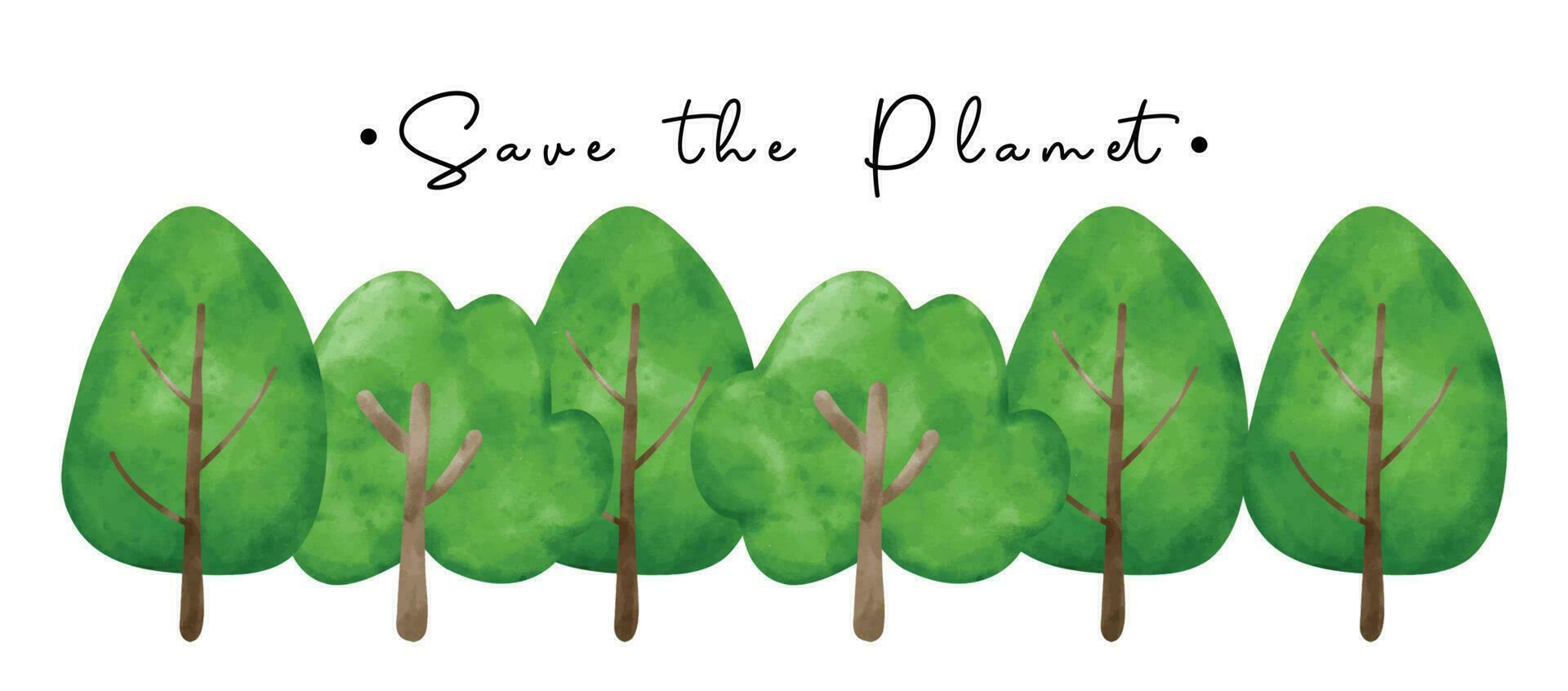 eco medio ambiente simpático salvar nuestra planeta bandera, grupo de verde árboles, acuarela cuadro. vector