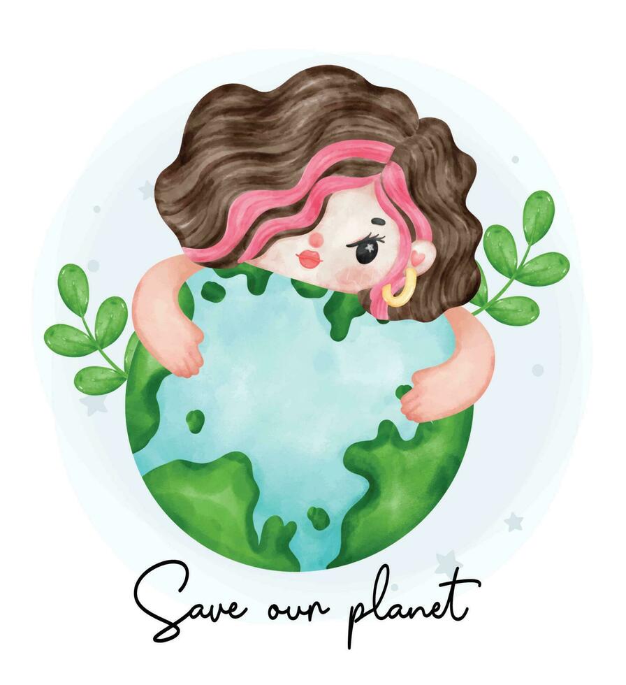 eco simpático salvar fuera planeta, un joven niña abrazo verdor planeta acuarela cuadro. vector