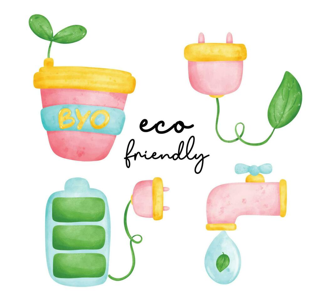 Eco envirentalment friendly symbol, battery, coffee byo cup, plug, and tap water watercolor painting vector