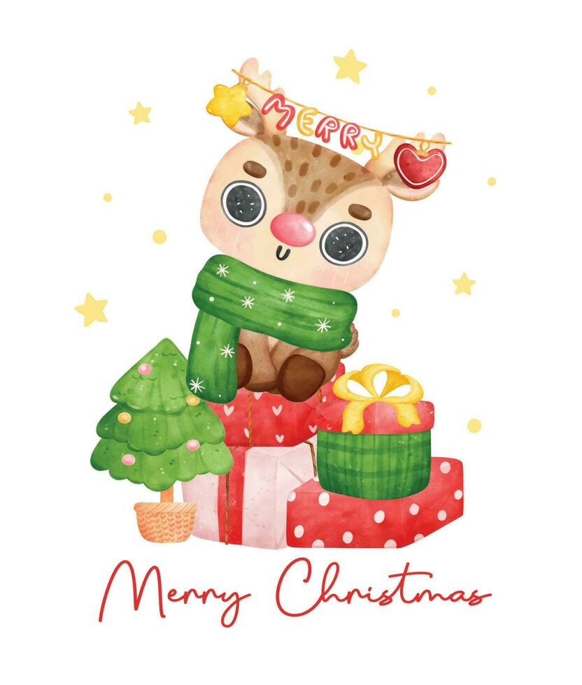 Cute joyful Christmas reindeer with decoration galand hang on antlers sits on stack of wrapped gifts, cartoon animal character watercolour hand drawing vector illustration