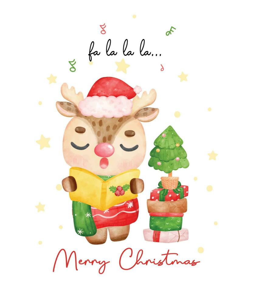 Cute reindeer caroller, Christmas reindeer singing and holding a songbook, with pine tree and stack of presents merry christmas time, cartoon animal character watercolour hand drawing vector