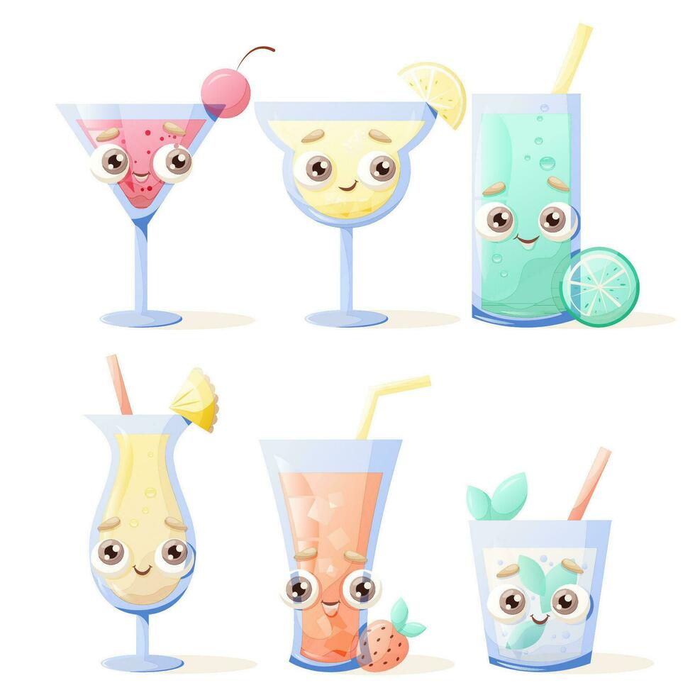 characters summer drinks with emotions, cartoon vector set