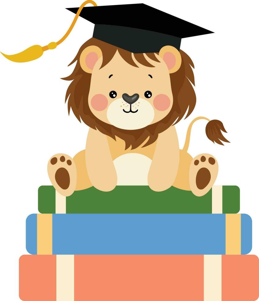 Cute lion with graduation cap sitting on top of books vector