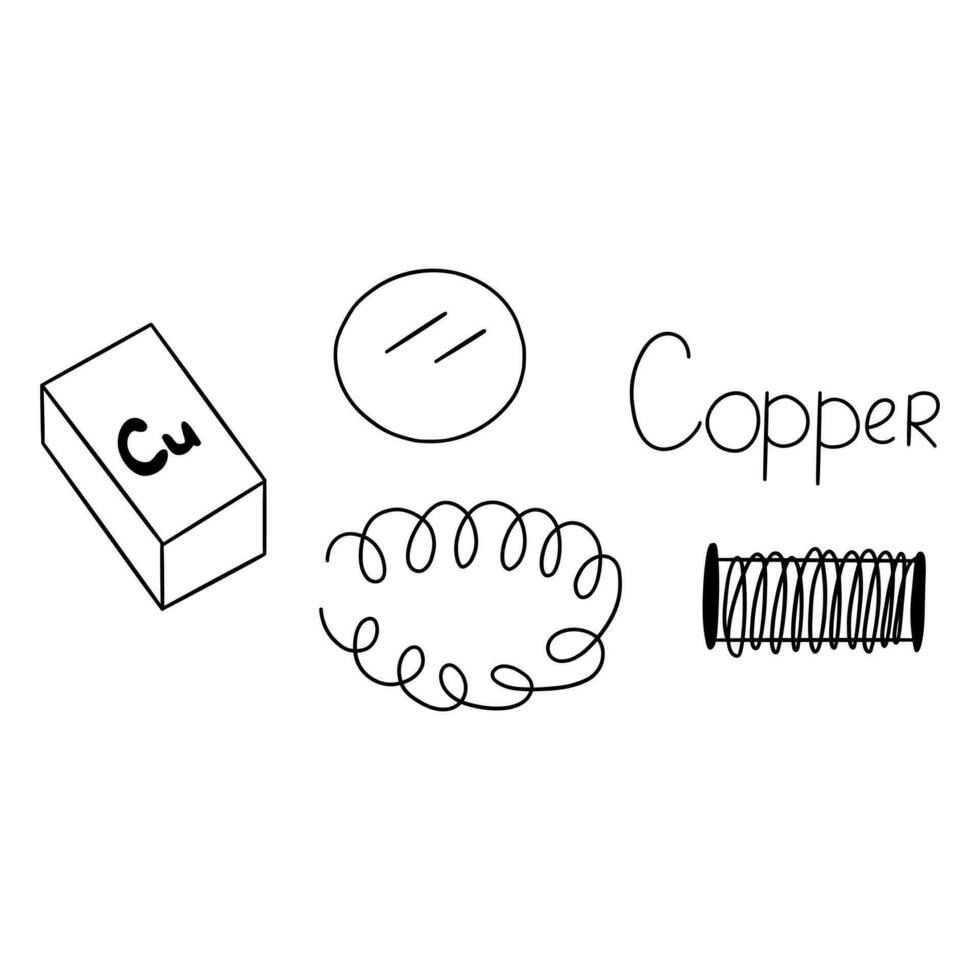 Copper in various forms. Vector hand drawn