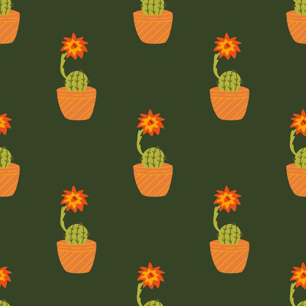 Seamless pattern with blooming cactus in a pot. Vector