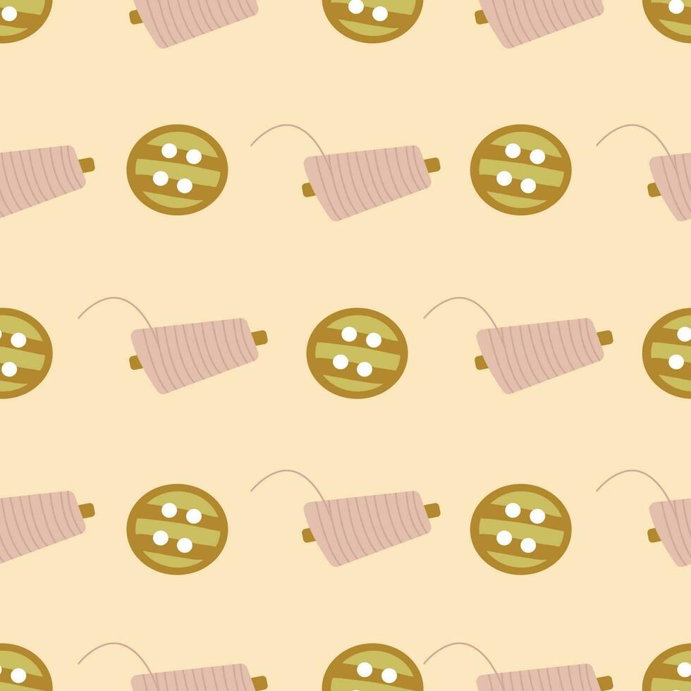 Seamless pattern buttons and spool of thread. Sewing vector