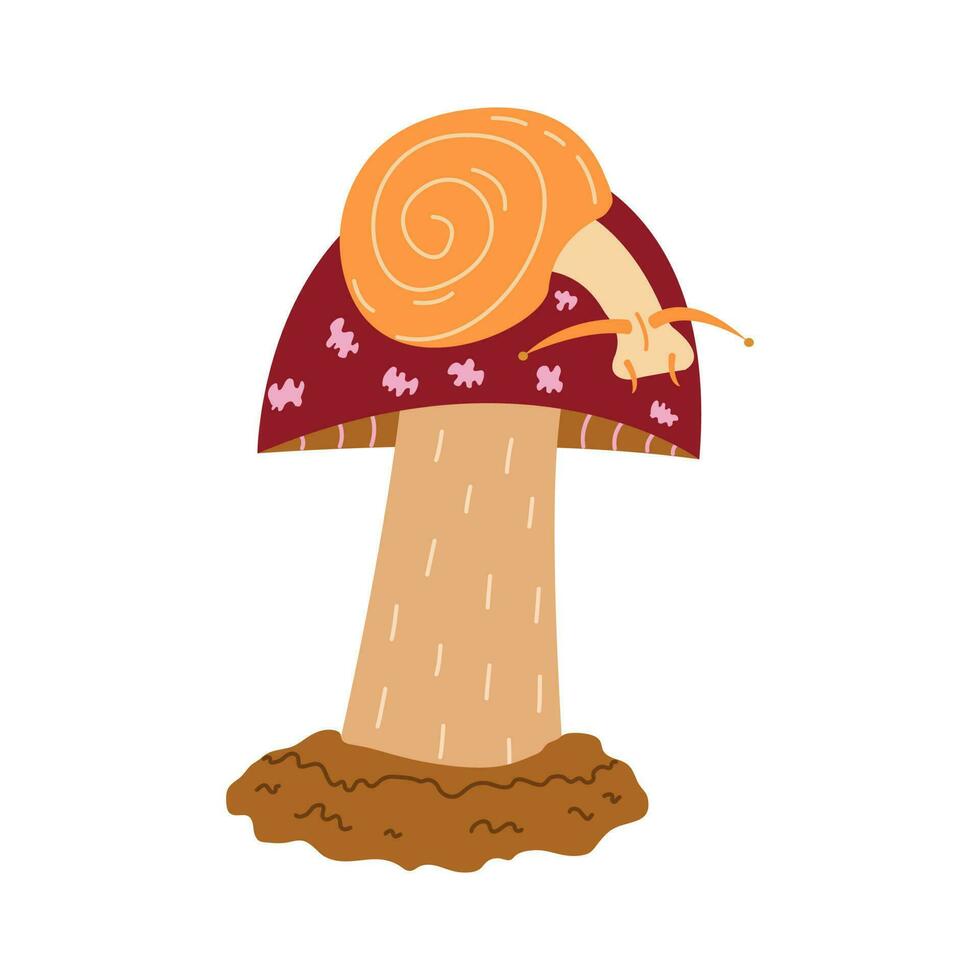 caracol se sienta en seta en bosque. vector