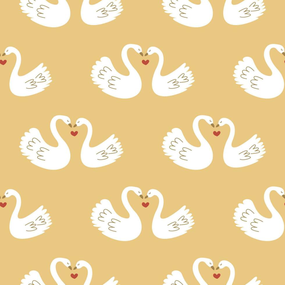 Seamless pattern two white swans in love. Vector