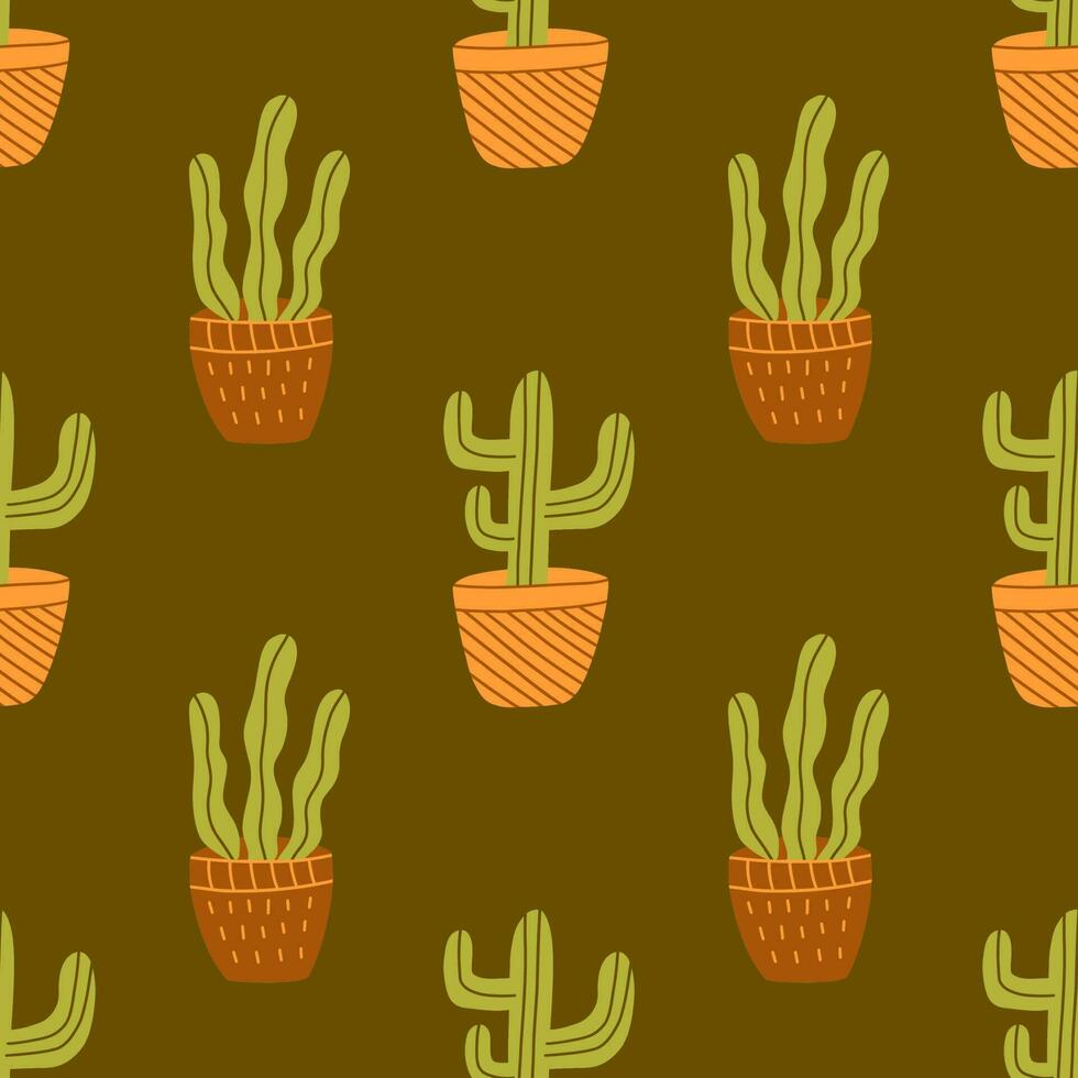 Seamless pattern with green cactus in pot. Vector colorful