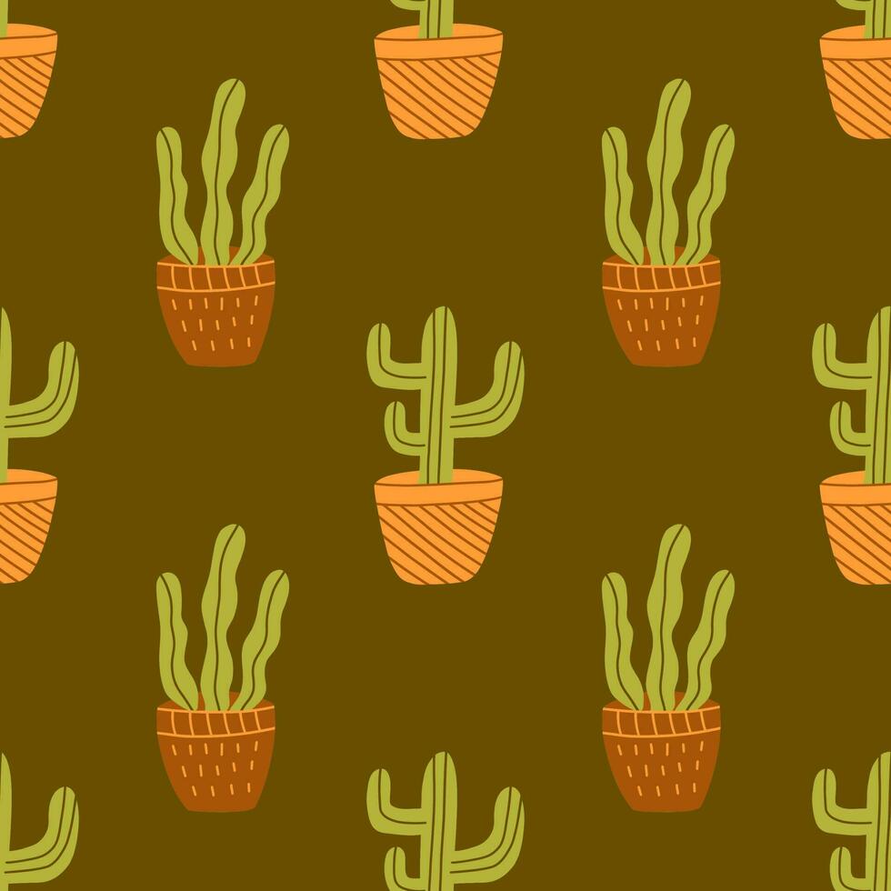 Seamless pattern with green cactus in pot. Vector colorful