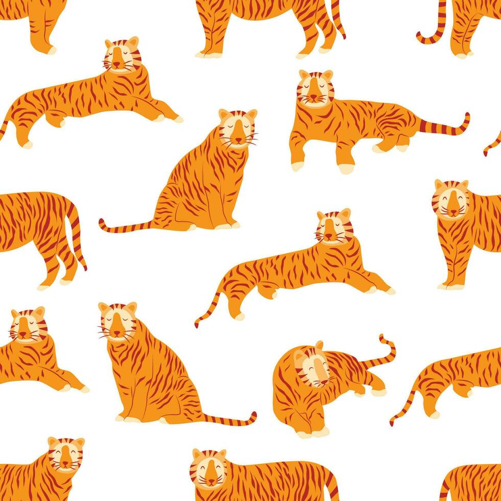 Seamless pattern with tigers. Vector hand drawn animal