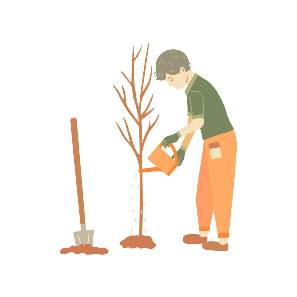 Boy planted tree and watering it. Vector hand drawn