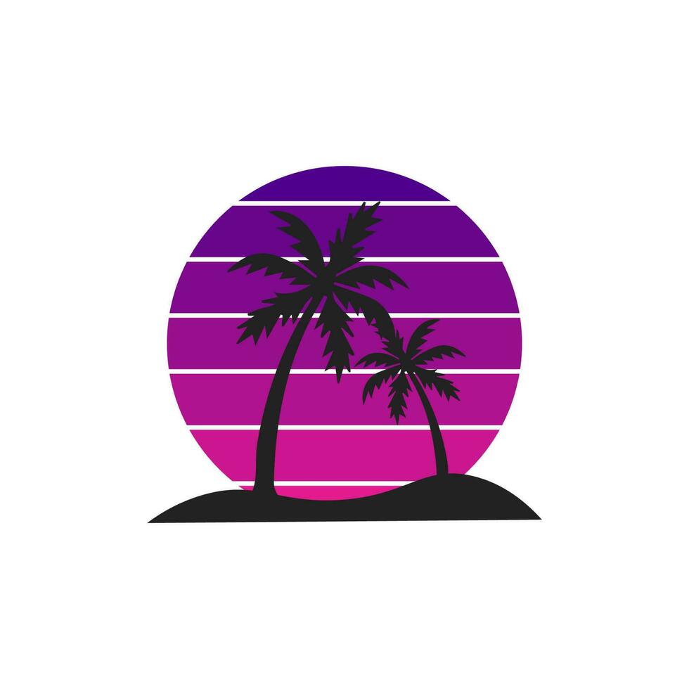 puestas de sol, playa y palma árbol. estilo años 80, y años 90 resumen antecedentes con un soleado degradado. siluetas de palma arboles vector diseño modelo para logo, insignias aislado blanco antecedentes.