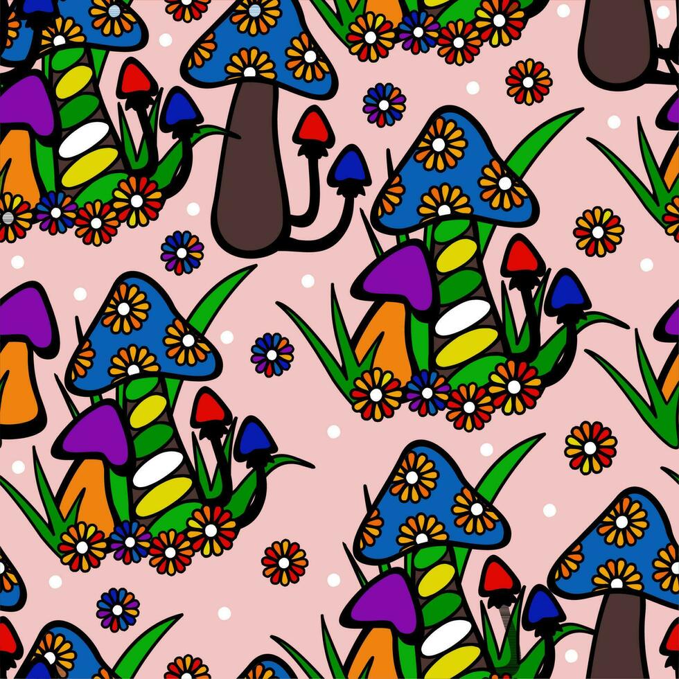 Vector seamless floral pattern with colorful mushrooms, flowers and grass.