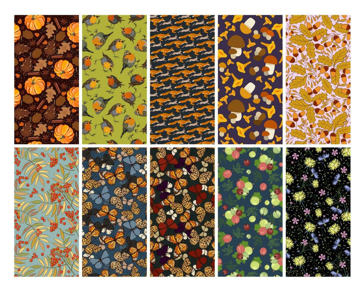 Vector set of ten seamless natural patterns. Forest collection.