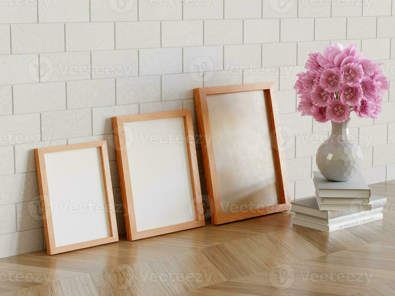 Frame with a beautiful flower and realistic wall and floor textures photo
