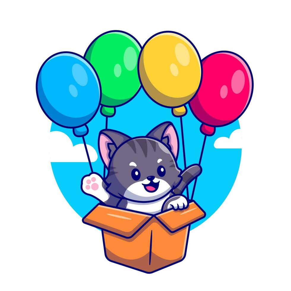 linda gato volador con cartulina caja y globo dibujos animados vector icono ilustración. animal naturaleza icono concepto aislado prima vector. plano dibujos animados estilo