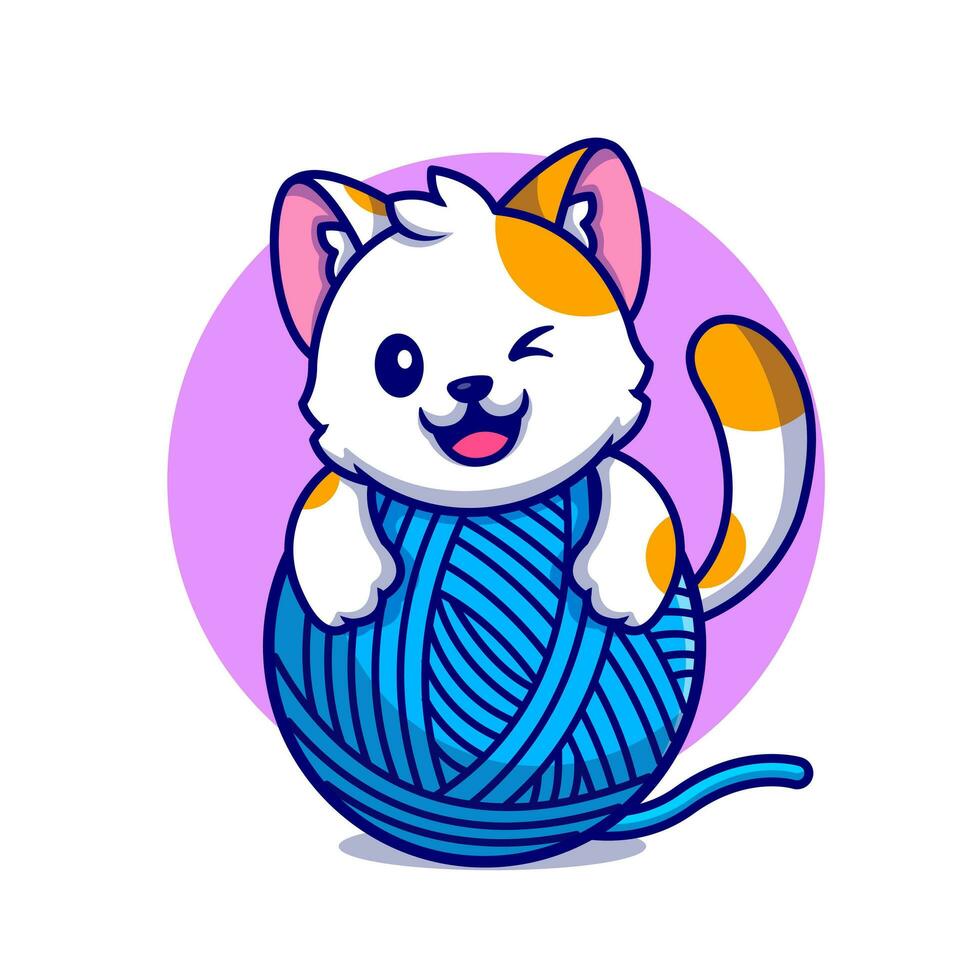 Cute Cat Playing Yarn Ball Cartoon Vector Icon Illustration.  Animal Nature Icon Concept Isolated Premium Vector. Flat  Cartoon Style