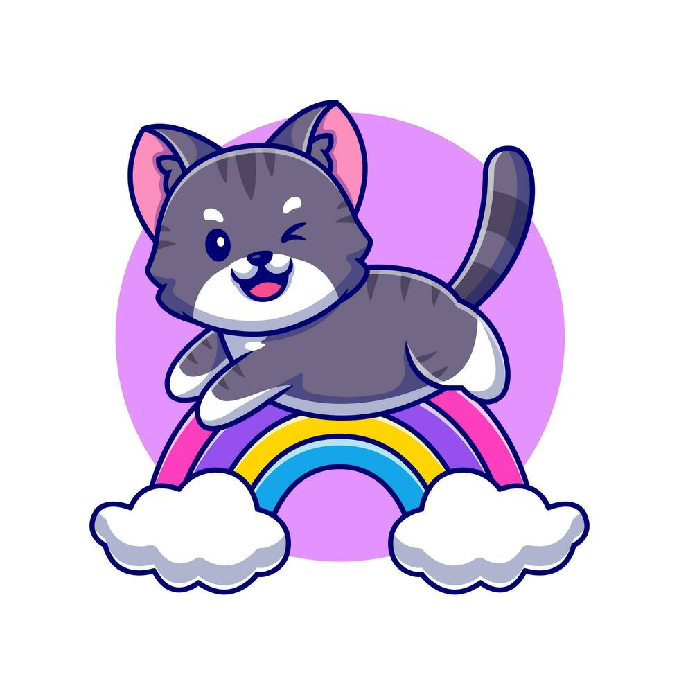 linda gato saltando con arco iris y nube dibujos animados vector icono ilustración. animal naturaleza icono concepto aislado prima vector. plano dibujos animados estilo