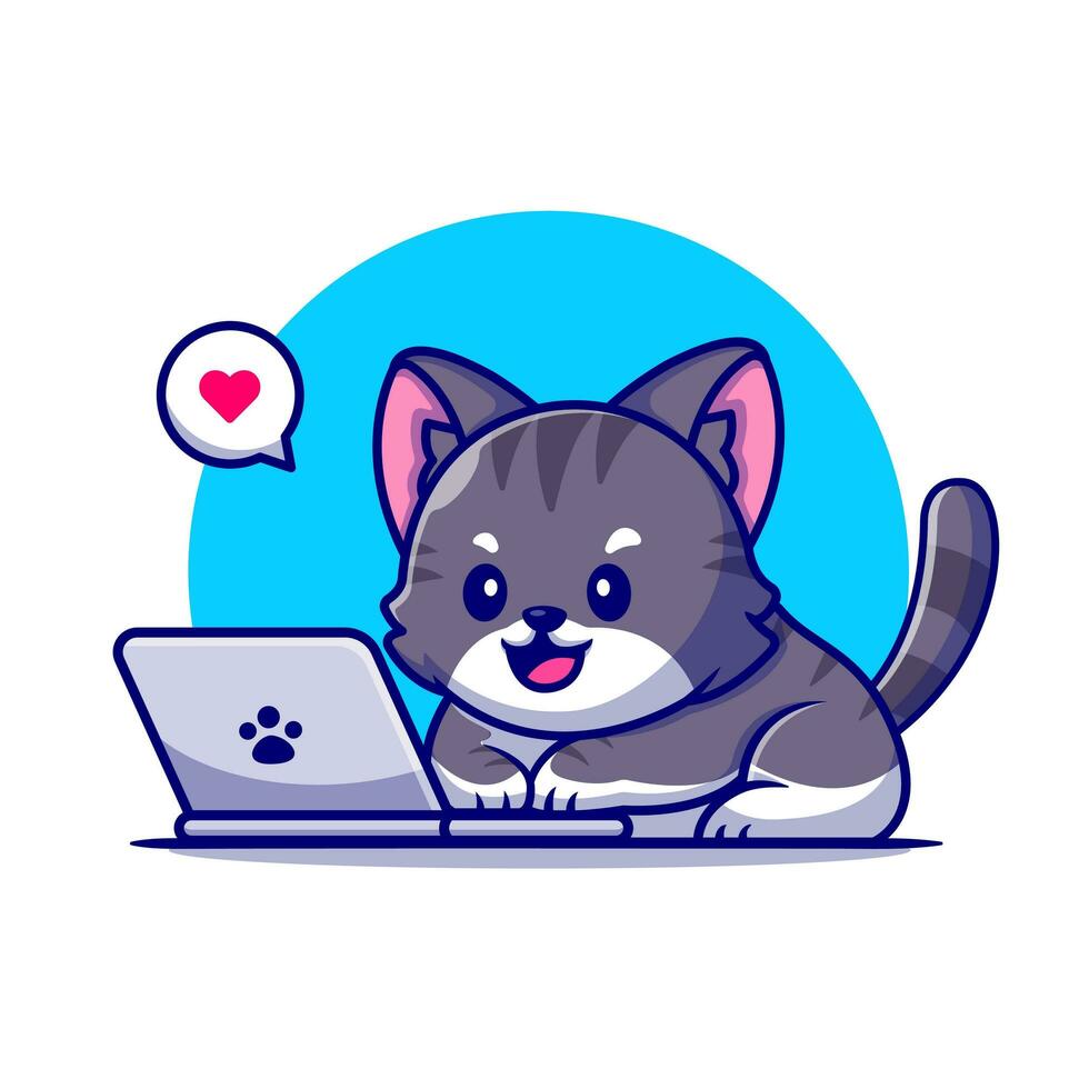 Cute Cat Working On Laptop Cartoon Vector Icon Illustration.  Animal Technology Icon Concept Isolated Premium Vector. Flat Cartoon Style