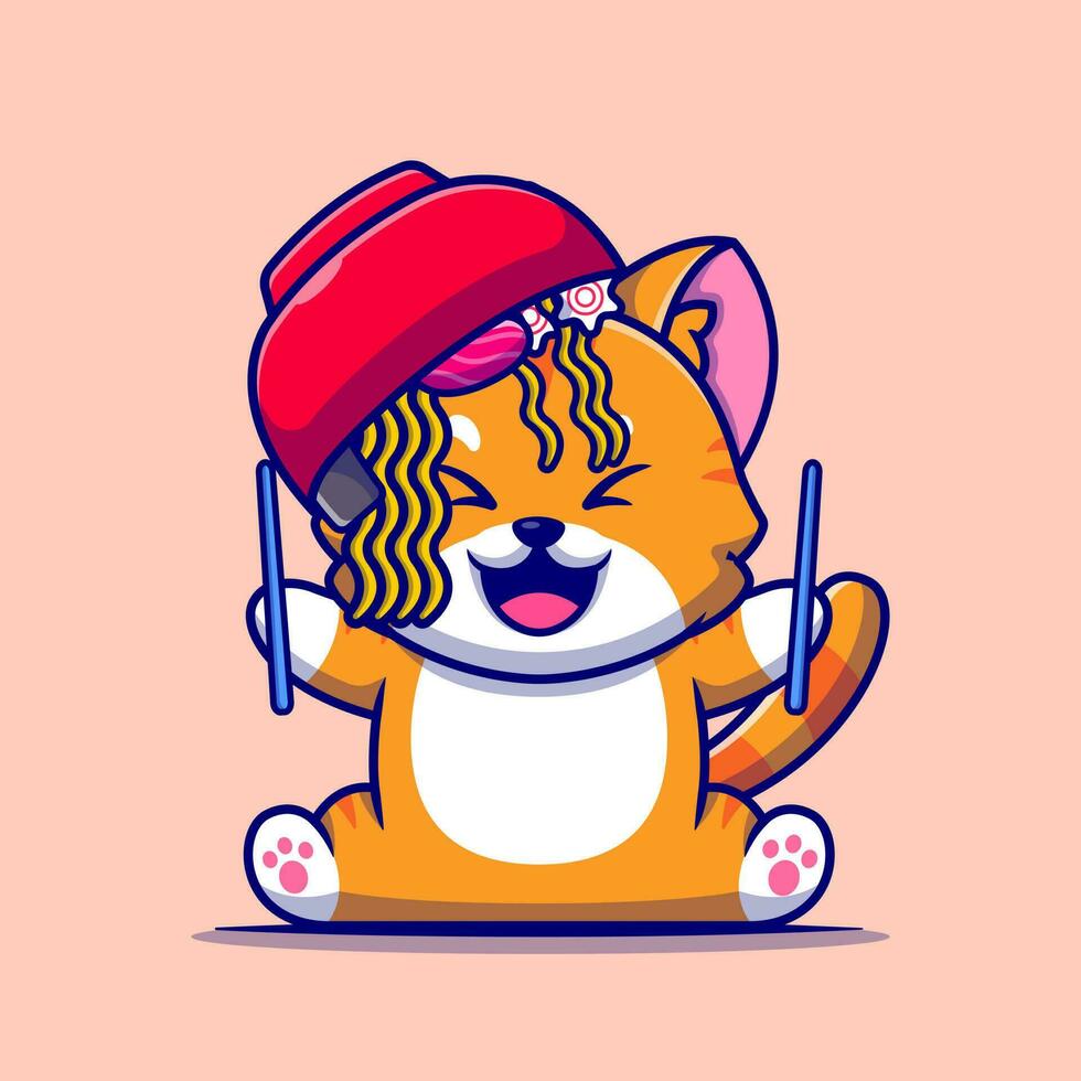 Cute Cat With Ramen Noodle Bowl And Chopstick Cartoon  Vector Icon Illustration. Animal Food Icon Concept Isolated  Premium Vector. Flat Cartoon Style