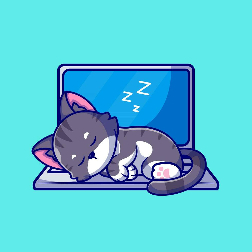 lindo gato durmiendo en la ilustración del icono del vector de dibujos animados de la computadora portátil. concepto de icono de tecnología animal vector premium aislado. estilo de dibujos animados plana