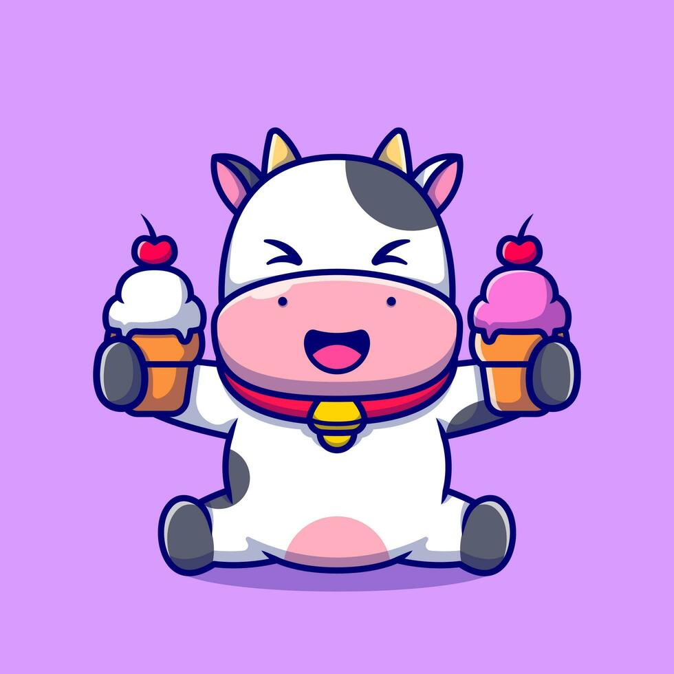 Cute Cow Holding Ice Cream Cartoon Vector Icon Illustration.  Animal Food Icon Concept Isolated Premium Vector. Flat  Cartoon Style