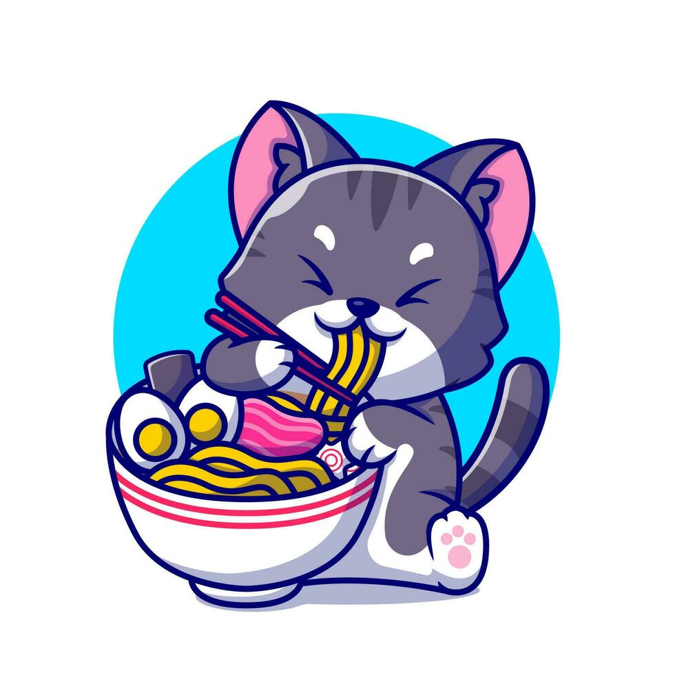 linda gato comiendo ramen fideos con palillo dibujos animados vector icono ilustración. animal comida icono concepto aislado prima vector. plano dibujos animados estilo