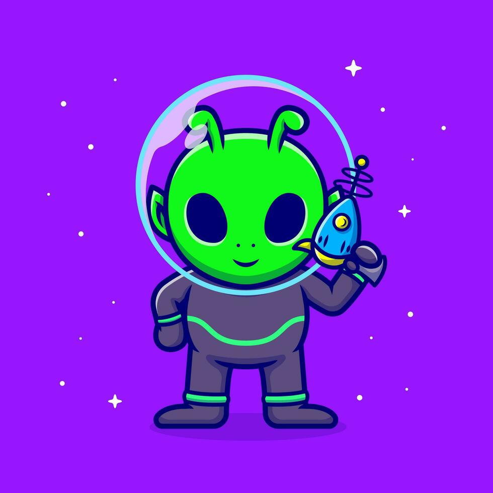 linda extraterrestre participación pistola arma dibujos animados vector icono ilustración. sience tecnología icono concepto aislado prima vector. plano dibujos animados estilo