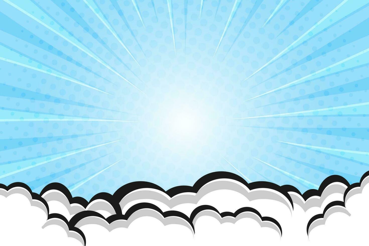 Blue sunburst pop art comic background with clouds vector