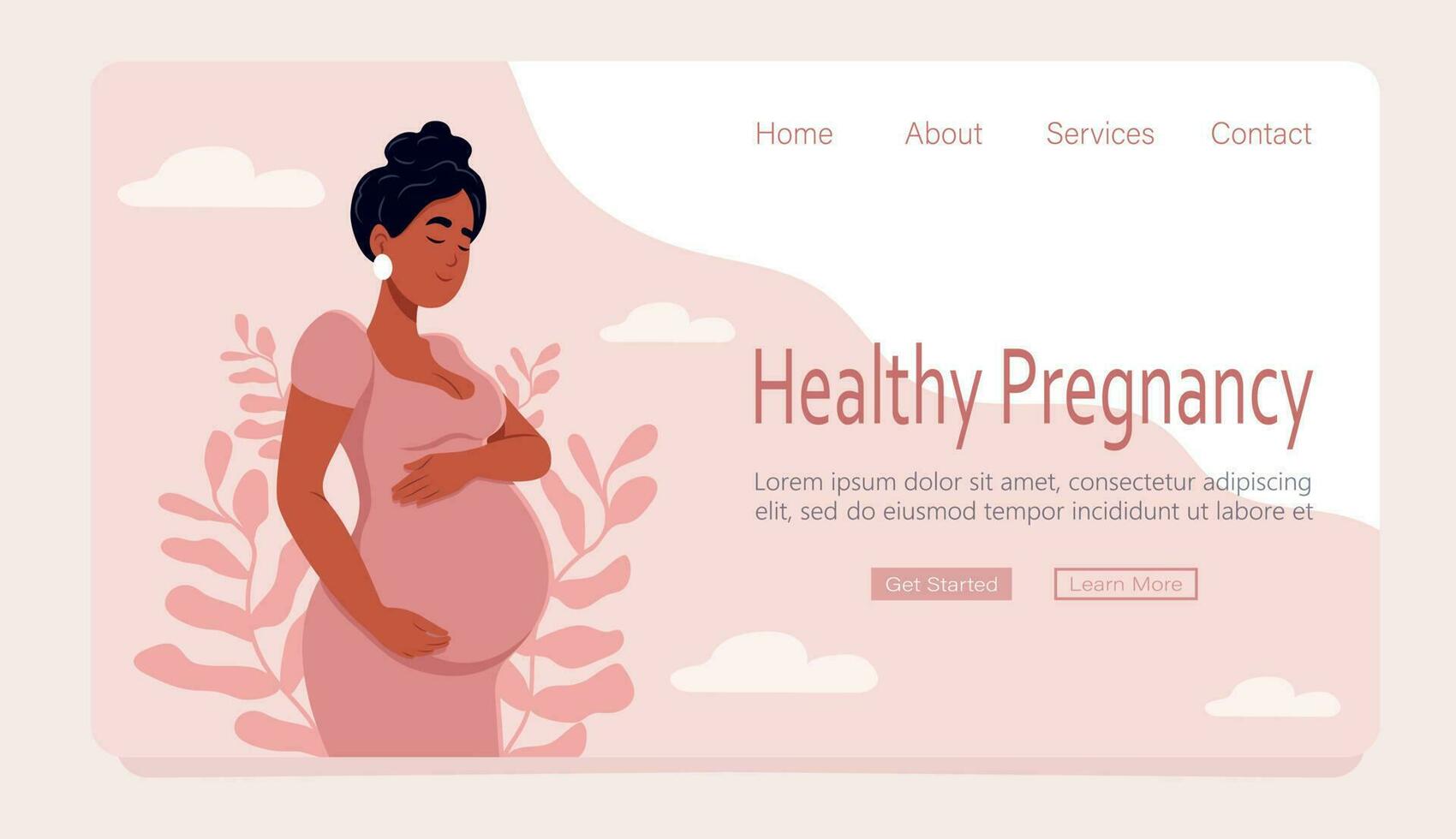 Web page template concept of pregnancy and motherhood. Healthy pregnancy banner. Beautiful pregnant black woman hugs her belly. Vector illustration in cute cartoon style.