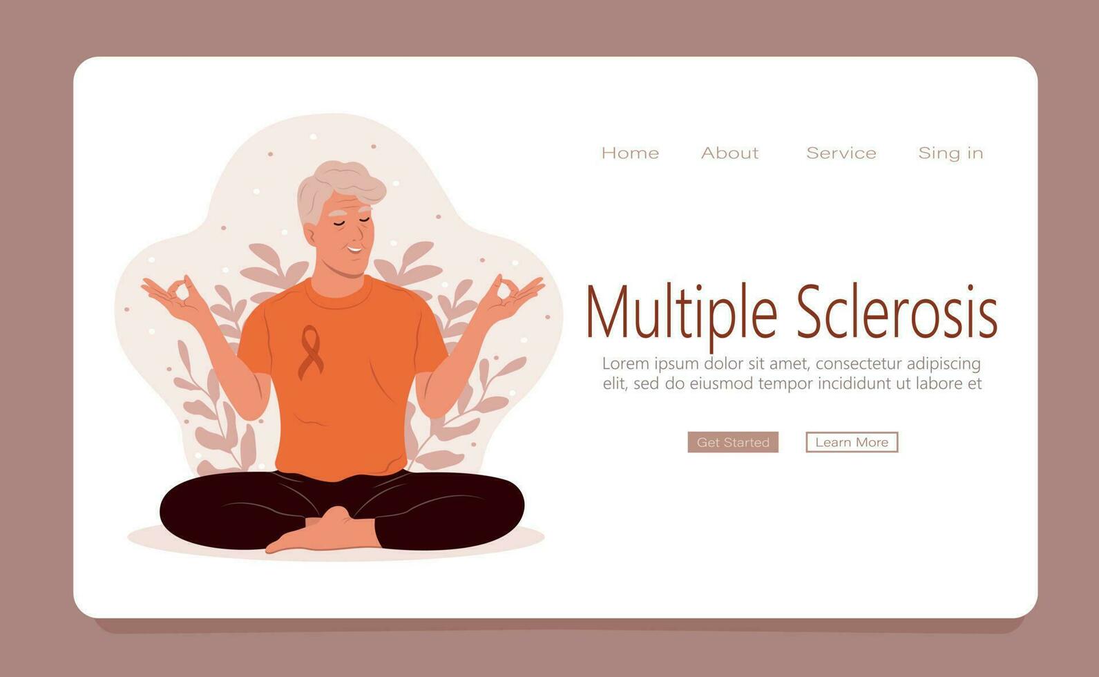 Meditation concept web template. An elderly woman meditates in nature. The practice of meditation can help reduce the symptoms of multiple sclerosis. vector
