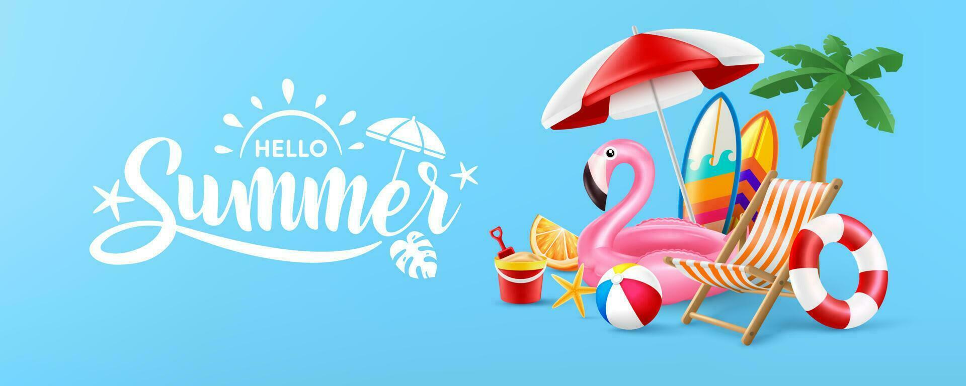 Hello Summer poster or banner template with Pink Flamingo Pool Float, Beach Chairs, Beach Umbrella,Surfboards and Summer element on blue background. Promotion and shopping template for Summer vector