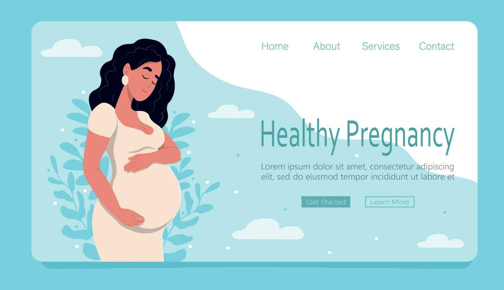web página modelo concepto de el embarazo y maternidad. sano el embarazo bandera. hermosa embarazada mujer abrazos su barriga. vector ilustración en linda dibujos animados estilo.