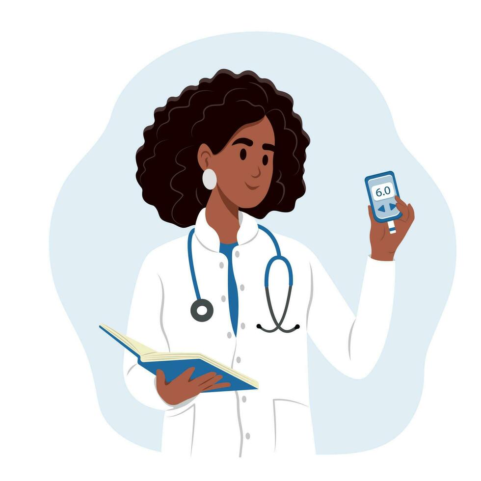 World Diabetes Day. A young smiling black female doctor holds a glucometer in his hands for measuring sugar. vector