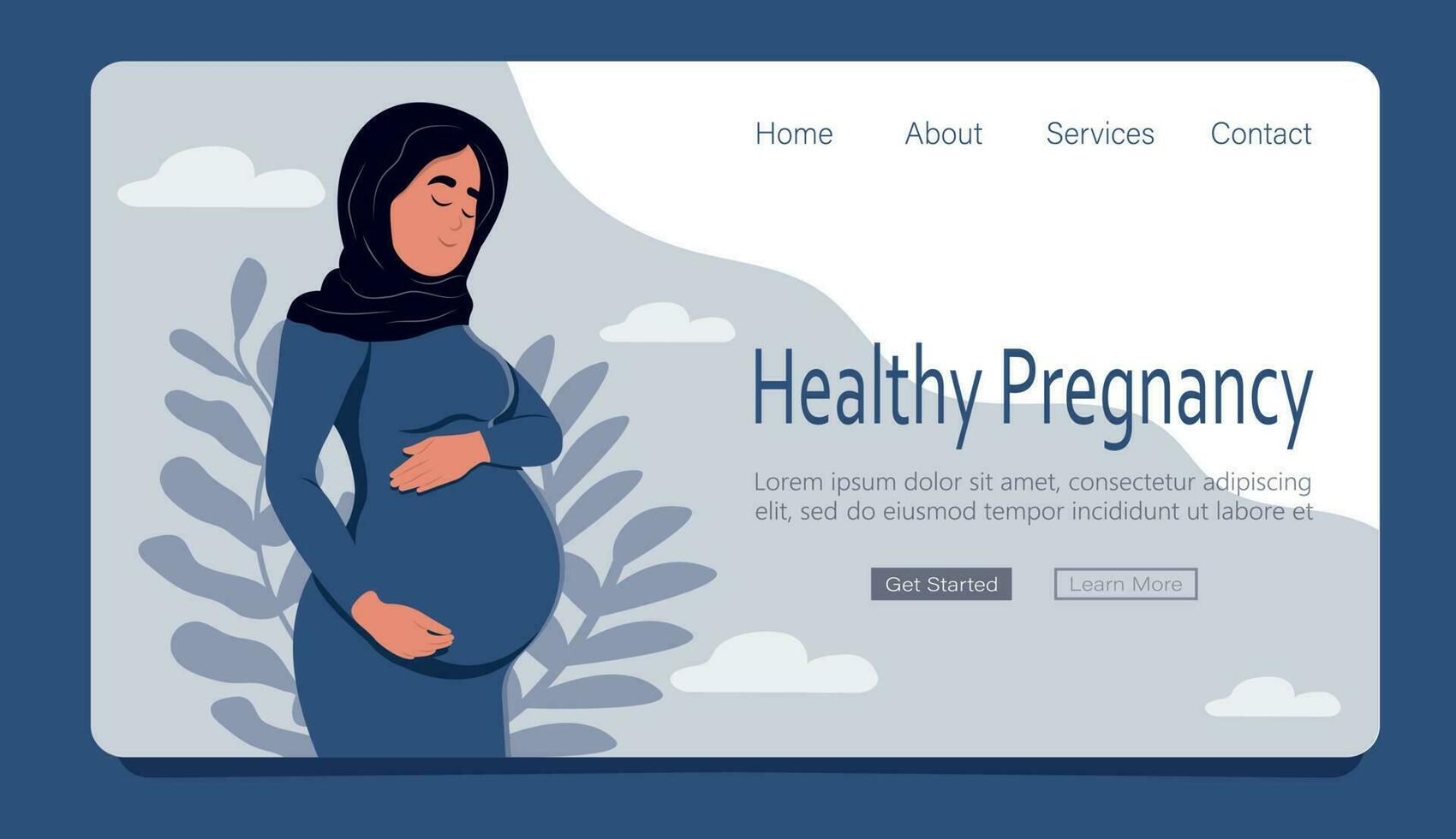 Beautiful pregnant Muslim woman hugs her belly. Healthy pregnancy banner.Web page template concept of pregnancy and motherhood. vector