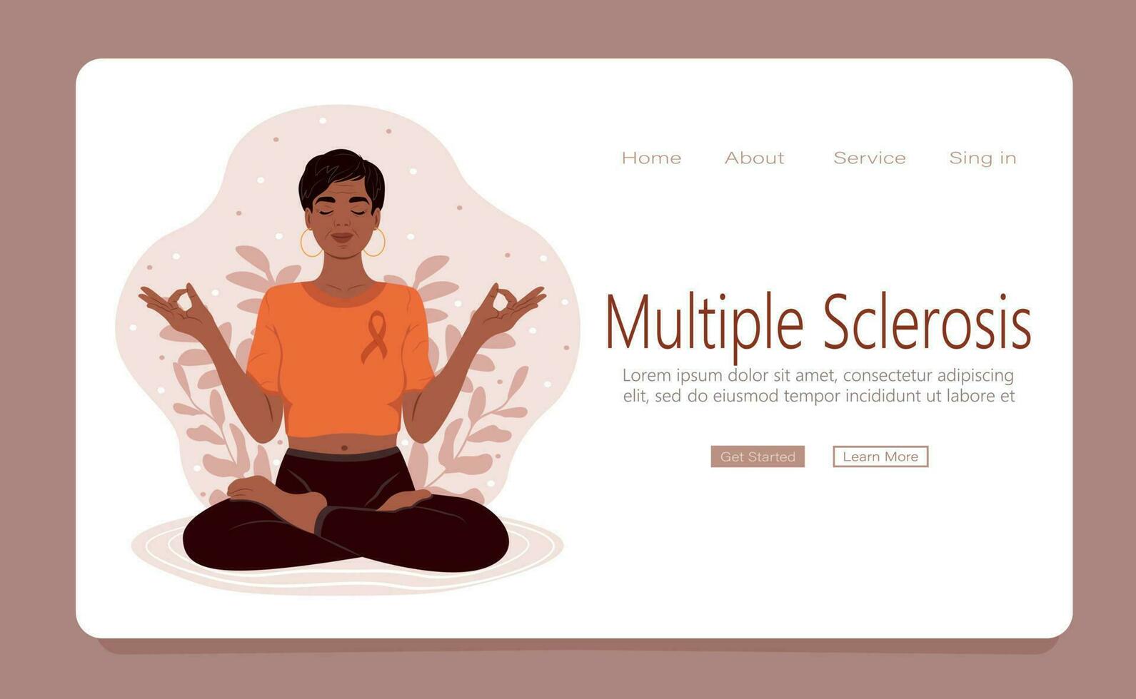 Meditation concept web template. An elderly woman meditates in nature. The practice of meditation can help reduce the symptoms of multiple sclerosis. vector