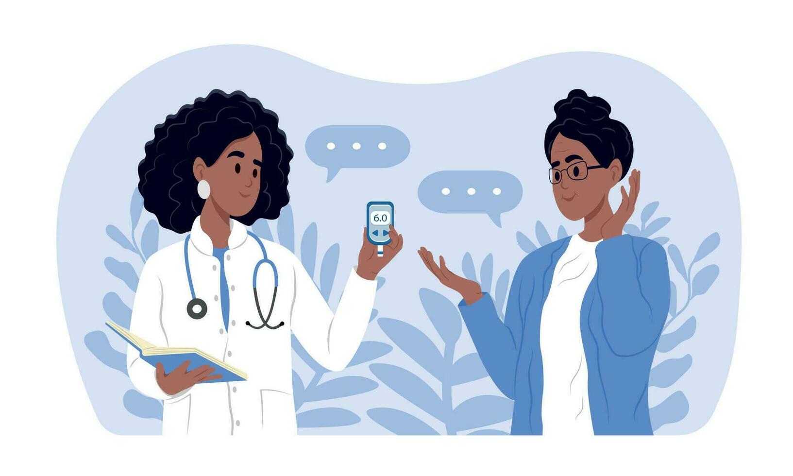 World Diabetes Day banner. A young smiling female doctor measures the sugar level of an elderly woman with a glucometer. Family doctor. vector