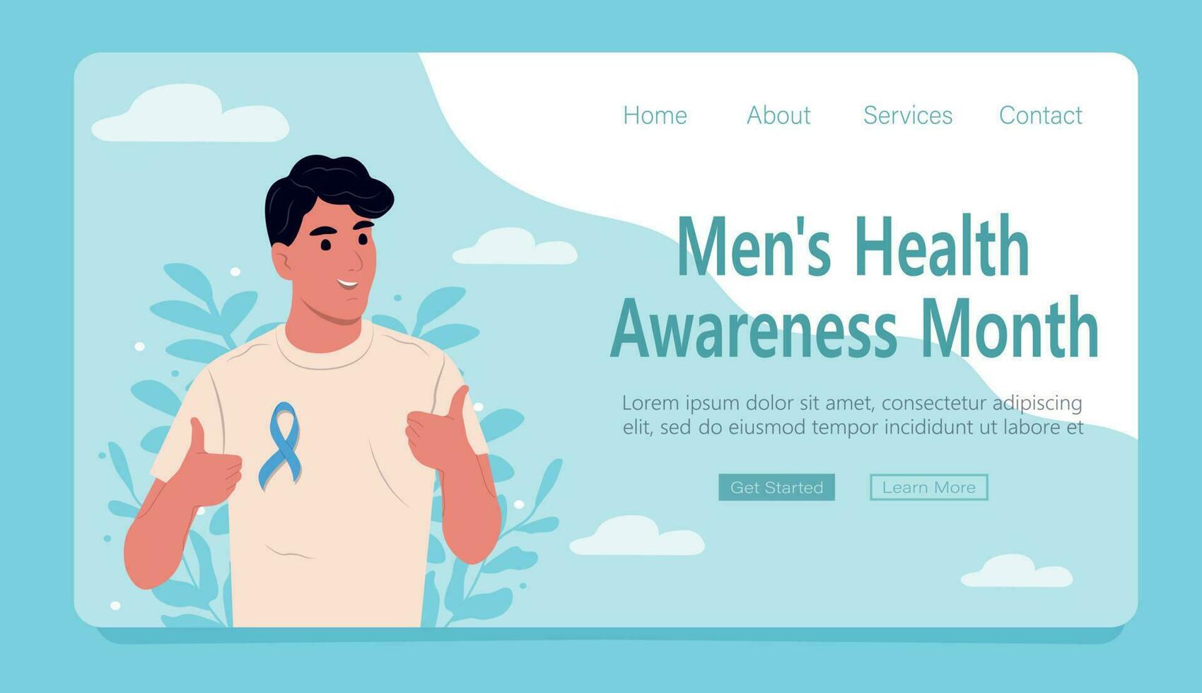 de los hombres salud conciencia mes. próstata cáncer conciencia cinta con. mundo próstata cáncer día. un mans y un símbolo de de los hombres salud. web página modelo. plano vector ilustración.