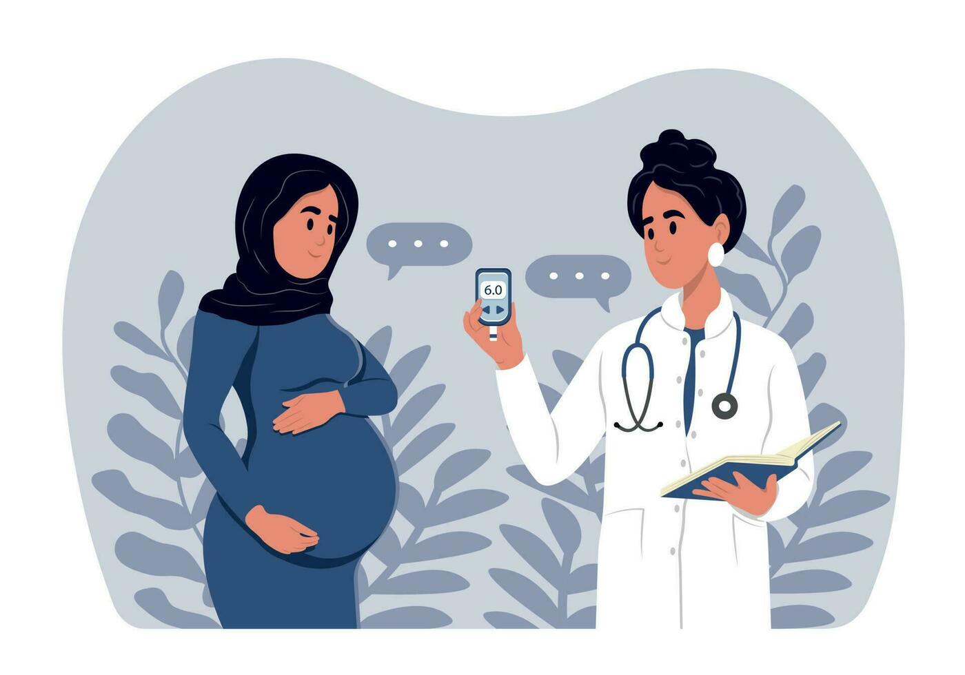 A young smiling doctor measures the sugar level of a pregnant woman with a glucometer. Diabetes in pregnant women. World Diabetes Day. Gynecologist and obstetrician consultation. vector