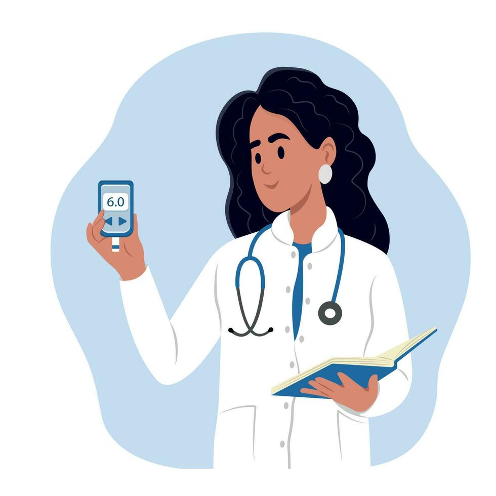 World Diabetes Day. A young smiling female doctor holds a glucometer in his hands for measuring sugar. vector