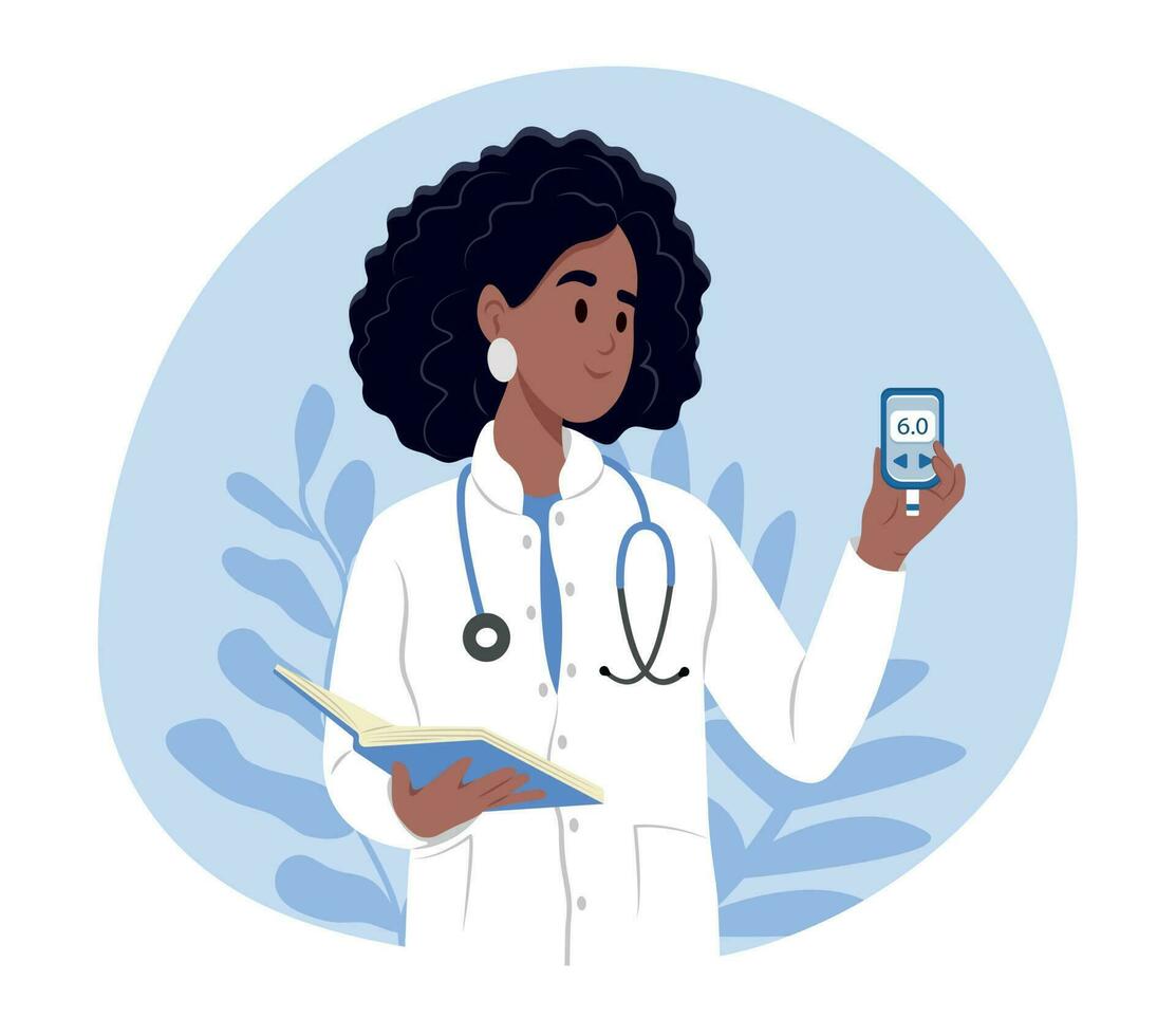 A young smiling black female doctor holds a glucometer in his hands for measuring sugar. World Diabetes Day. vector