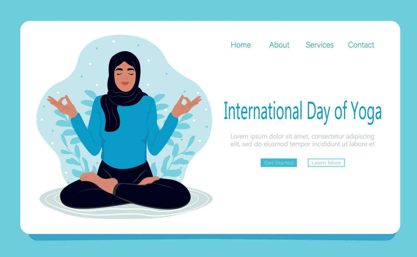 Muslim woman with closed eyes meditating in yoga lotus posture. International Day of Yoga. Web page template. Flat vector illustration.