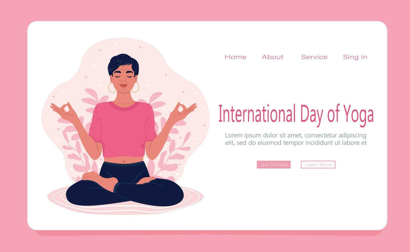 woman with closed eyes meditating in yoga lotus posture. International Day of Yoga. Web page template. Flat vector illustration.