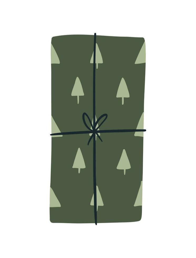 Cute gift box with Christmas trees wrapping paper, hand drawn flat vector illustration isolated on white background. Winter holiday present with bow.