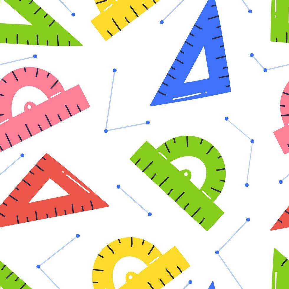 Seamless pattern with multi-colored rulers and protractors on a white background. Vector illustration.